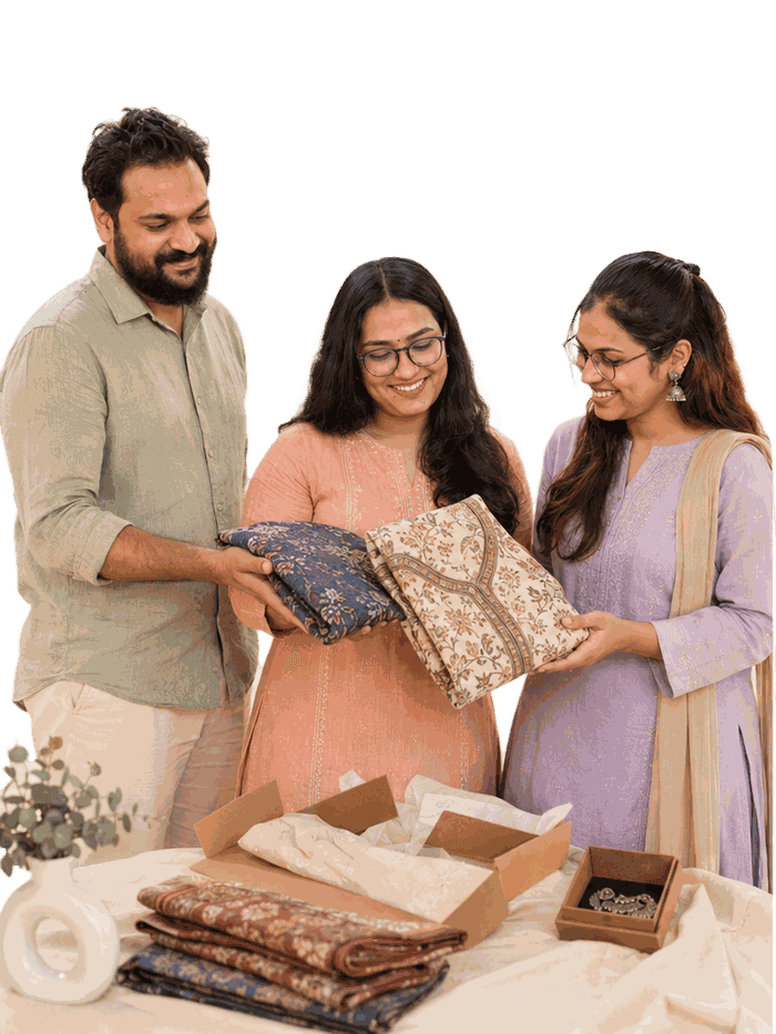 A dad and his daughters looking through folded outfits on a table